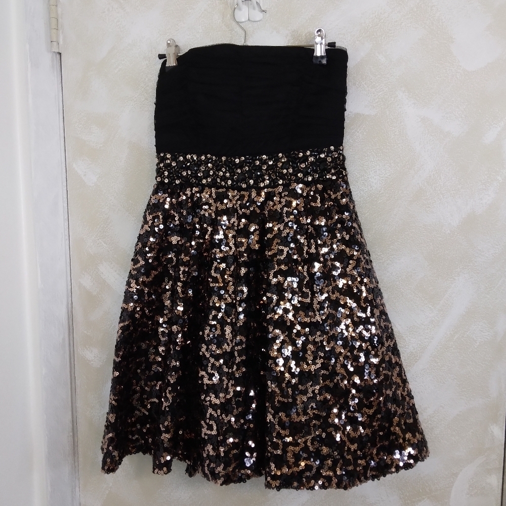 Juniors Size 5 Sequin Hearts Strapless Party Dress Black Brown Metallic Prom